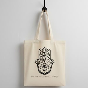 Hamsa Hand Tote Bag – Boho Evil Eye Protection Gift, Khomsa Bag, See the Good Quote Bag, Spiritual Yoga Tote, Mindfulness Eco Shopper Bag