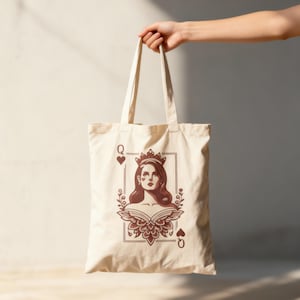 May include: Cream-colored tote bag featuring a Queen of Hearts playing card design. The illustration is in shades of brown and depicts a woman with a crown and floral accents. The bag has long handles for carrying.
