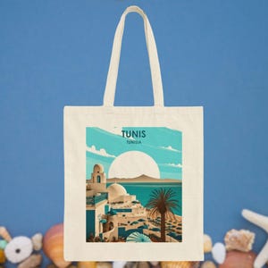 Sidi Bou Said Tunis Tote Bag, Mediterranean-inspired Beach Bag, Stylish Shopper, Travel Bag, North Africa Gift, Eco-Friendly Cotton Shopper