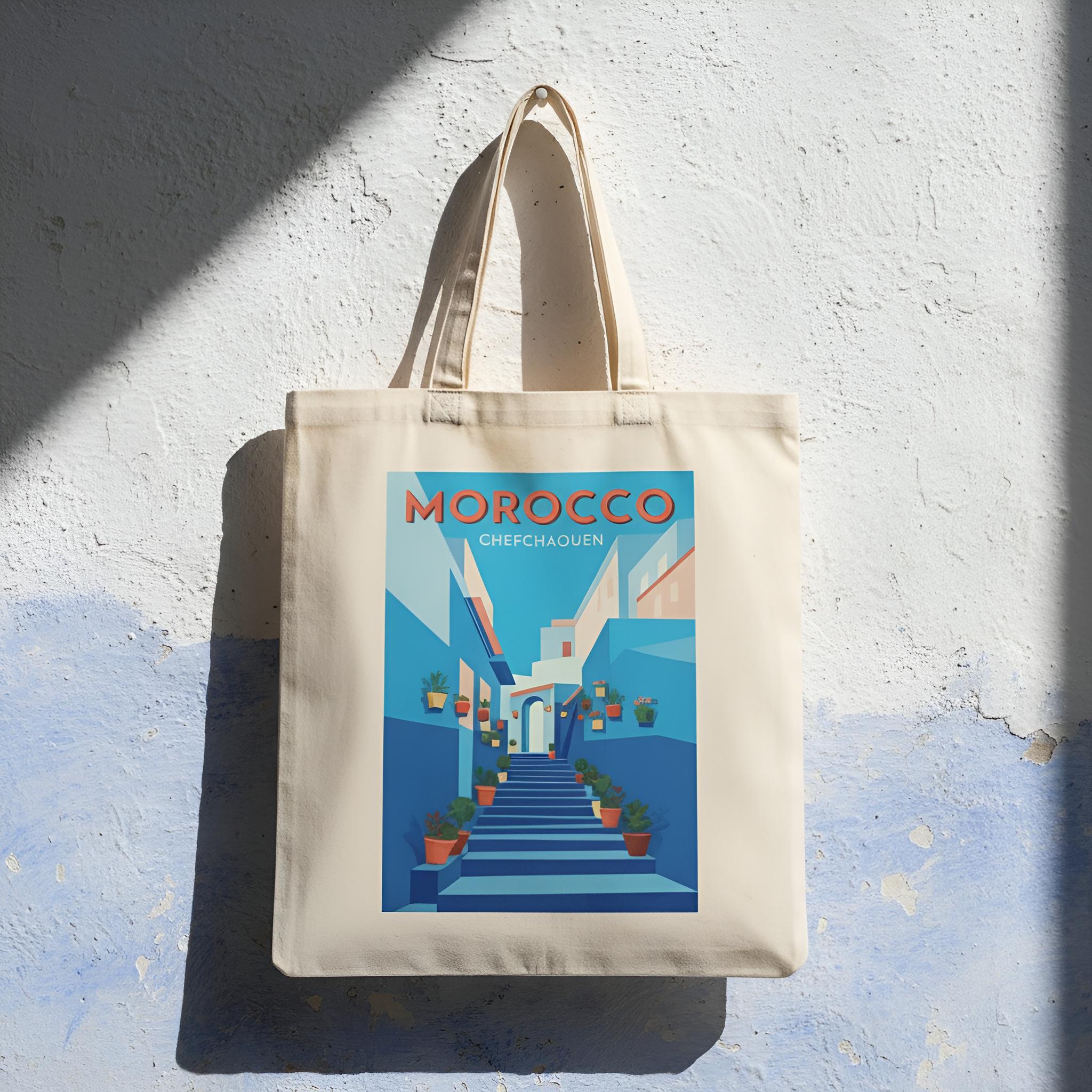 Morocco Travel Tote Bag: Chefchaouen Blue City Art, Vintage 