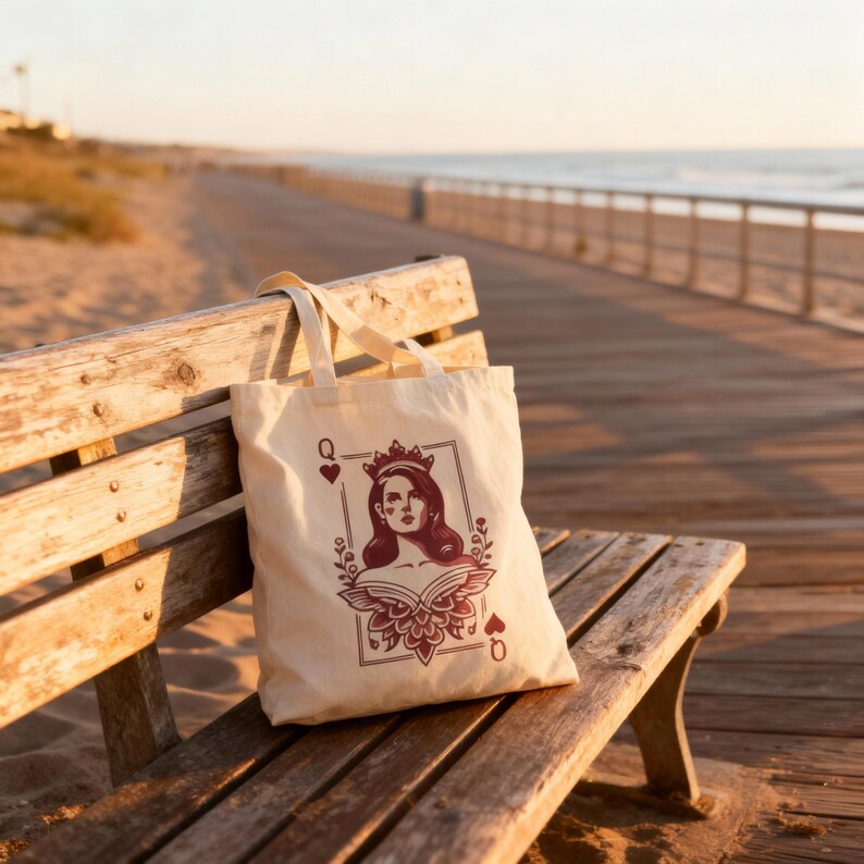 May include: A beige canvas tote bag featuring a Queen of Hearts design. The illustration includes a woman with a crown, framed by playing card symbols and floral accents. The bag has two handles and is resting on a wooden bench.
