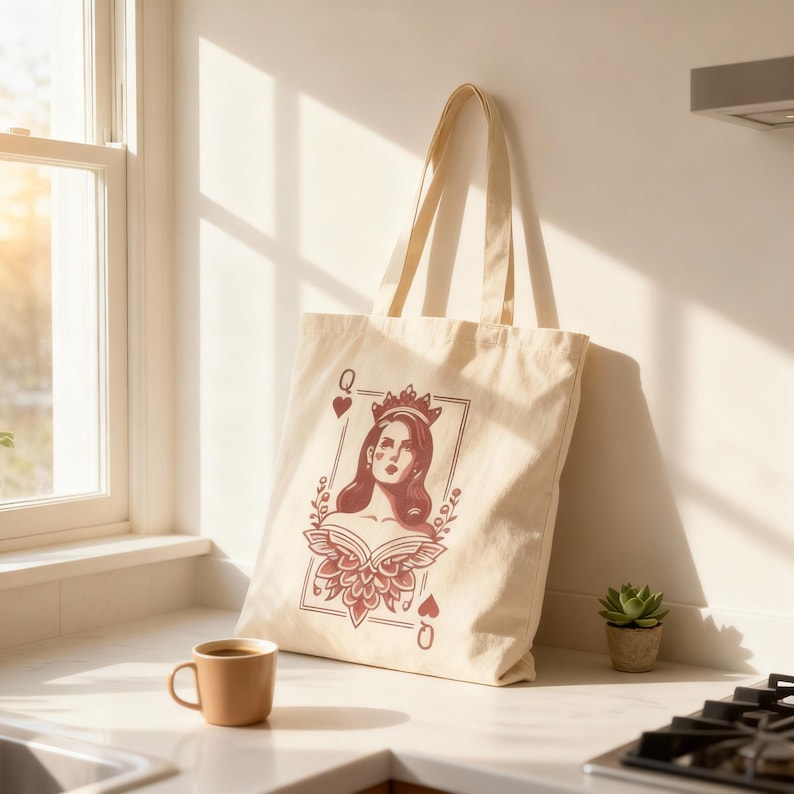 May include: A cream-colored tote bag featuring a Queen of Hearts design. The graphic includes a portrait of a woman wearing a crown, framed by a rectangular border with playing card symbols. The bag has two handles and is made of a sturdy fabric.