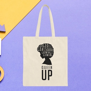 Sac fourre-tout Queen Up - Sac en toile pour femme afro-américaine, citation lumineuse des objectifs de Dieu en pleine croissance, cadeau religieux pour femme, cabas magique fille noire
