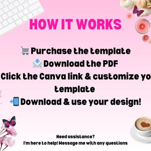 May include: Pink graphic with the text "HOW IT WORKS" and instructions: Purchase the template, Download the PDF, Click the Canva link & customize your template, Download & use your design! Includes a keyboard, flowers, candles, and a coffee cup.