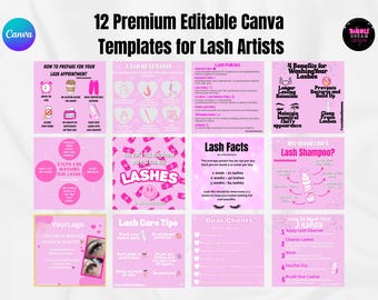 Puede incluir: Una colección de 12 plantillas rosas editables de Canva para artistas de pestañas, con consejos sobre el cuidado, la retención y la preparación de las pestañas. Las plantillas incluyen texto como "Lash Facts" y "How to Wash Your Lashes."