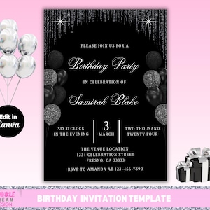 Elegant Birthday Invitation Template | Black and Silver Birthday Invitation | Editable Canva Template | Instant Download