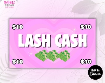 Lash Cash Card Template | Editable Canva Business Card for Lash Techs | Pink Loyalty Card | Lash Cash | Canva Digital Download