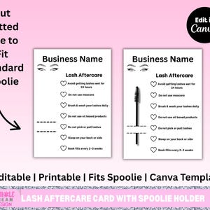 Biglietto per la cura delle ciglia con porta-spoolie / Biglietto da visita per la cura delle ciglia Lash Tech / Biglietto per la cura delle ciglia / Modello Canva modificabile