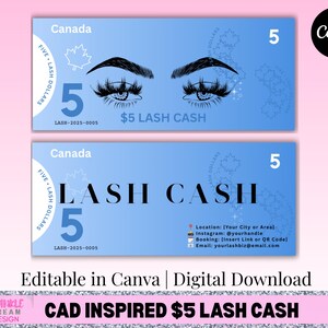 5ドルラッシュキャッシュCanvaテンプレート | 顧客向け編集可能なラッシュバウチャー | ラッシュテック向けロイヤリティカードデジタルダウンロード