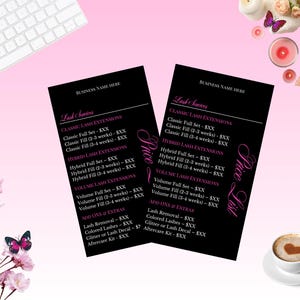 May include: Two black price lists for lash services, with pink text and a pink background. The lists include services like Classic, Hybrid, and Volume lash extensions. The image also features a keyboard, coffee, candles, and flowers.