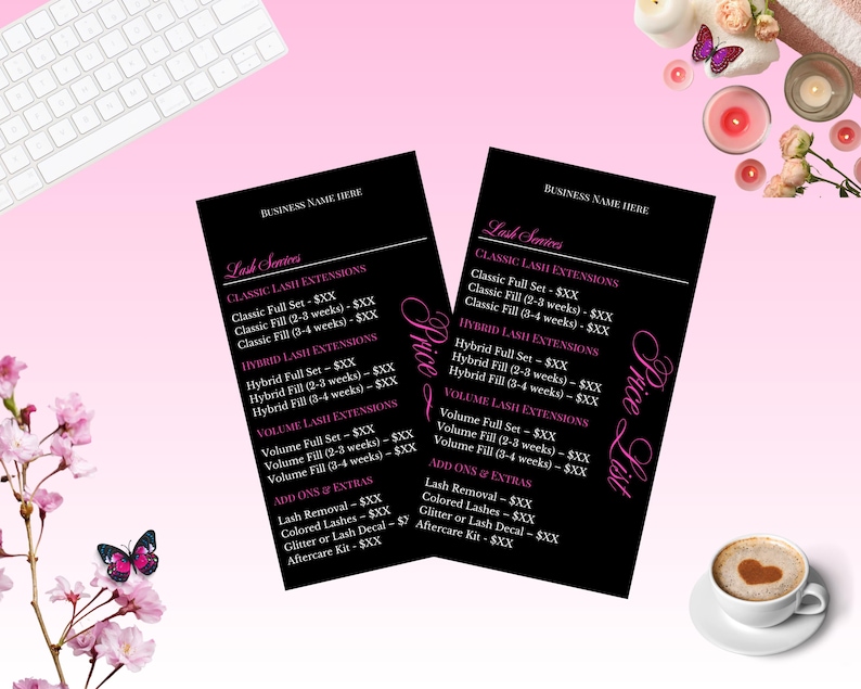 May include: Two black price lists for lash services, with pink text and a pink background. The lists include services like Classic, Hybrid, and Volume lash extensions. The image also features a keyboard, coffee, candles, and flowers.
