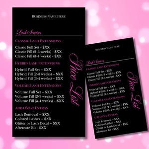 May include: Two black price list cards with pink text on a pink background. The cards list lash services, including classic, hybrid, and volume lash extensions, with add-ons and extras. The text "Price List" is written vertically in pink cursive.