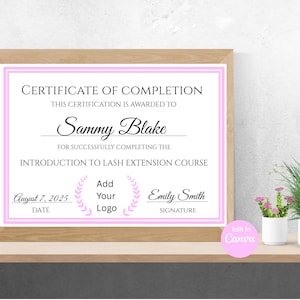 Lash Certificate Template | Lash Tech Training Certificate | Pink Canva Certificate of Completion