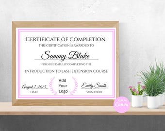 Modèle de Certificat de cils | Certificat de formation en technologie des cils | Certificat d'achèvement de la toile rose