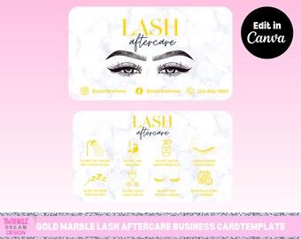 Gold Marble Lash Aftercare Card Template | Lash Aftercare Business Card Template | Aftercare Business Card Canva Template for Lashes