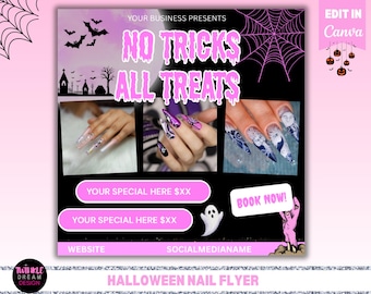 Keine Tricks Alle Leckereien Nail Tech Flyer | Bearbeitbare Halloween Canva Vorlage | Oktober Nagel Spezial Instagram Post | Gruselige Saison Nagel Flyer
