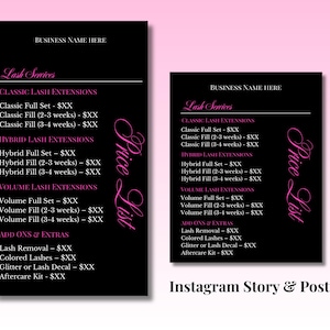Könnte beinhalten: Zwei schwarze Flyer mit rosa Text, der Wimpern-Services detailliert, einschließlich klassischer, Hybrid- und Volumen-Wimpernverlängerungen sowie Add-ons. Die Flyer sind mit "Firmenname hier" und "Preisliste" beschriftet.