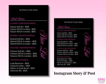 Editable Lash Price List Template | IG Post & Story | Lash Business Canva Template | Lash Service Menu | Price Sheet for Lash Techs