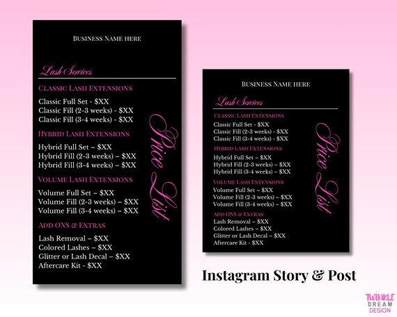 Editable Lash Price List Template | IG Post & Story | Lash Business Canva Template | Lash Service Menu | Price Sheet for Lash Techs