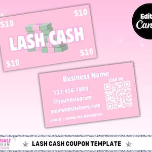 Lash Cash Card Template | Editable Canva Business Card for Lash Techs | Pink Loyalty Card | Lash Cash | Canva Digital Download