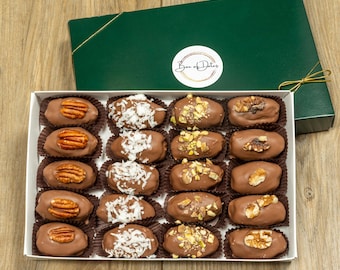 Chocolate Dipped Medjool Dates Gift Box — Nut Stuffed & Topped, Milk or Dark Chocolate