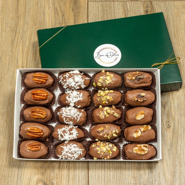 Chocolate Dipped Medjool Dates Gift Box — Nut Stuffed & Topped, Milk or Dark Chocolate