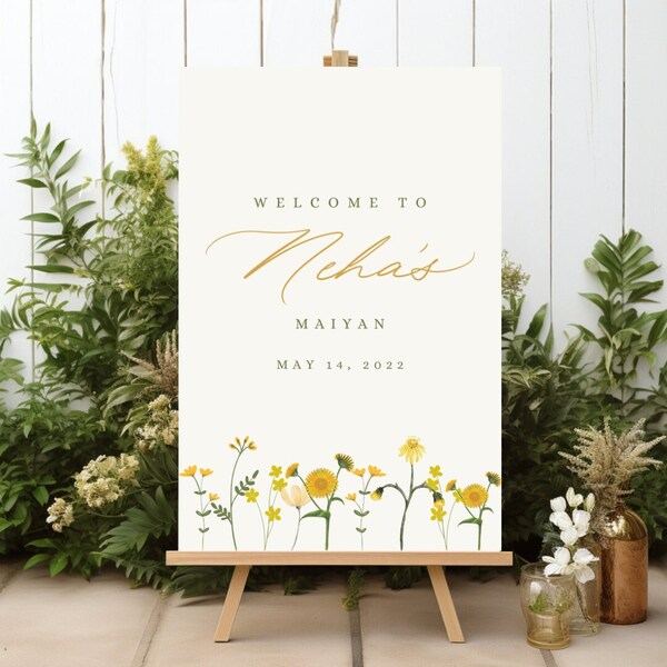 Handwritten Custom Maiyan/Haldi/Mayoun Welcome Sign for Desi Weddings | Yellow Flowers | Modern Calligraphy | Made to Order