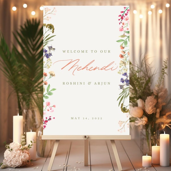 Handwritten Floral Mehendi Welcome Sign for Desi Weddings | Multi-Colored Florals | Modern Calligraphy | Made to Order