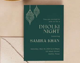 Modern Dholki Invitation Template | Editable Canva Template | Dark Green & Lanterns