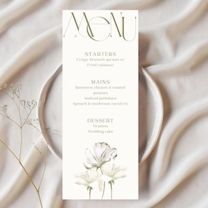 Modern Floral Wedding Menu Template | Editable Canva Template | Menu Cards for Weddings and Events | Olive Green & White