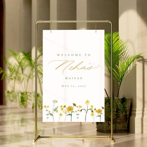 PUSHPA / Maiyan/Haldi/Mayoun personalizado escrito a mano Signo de bienvenida para bodas Desi / Flores amarillas / Caligrafía moderna / Hecho a pedido