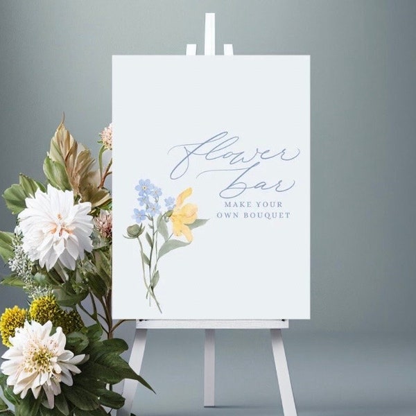 Flower Bar Sign for Weddings, Bridal Showers & Events | Modern Calligraphy with Blue Flowers