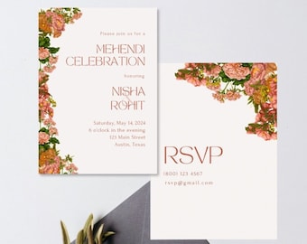 Modern Mehendi Invitation & RSVP Template | Editable Canva Template | Peach Flowers