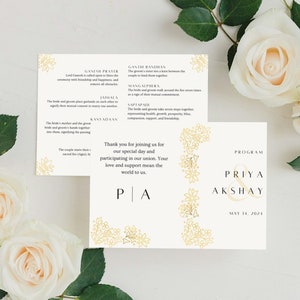 Modelo moderno de programa de casamento no sul da Ásia | Modelo editável do Canva | Programa de casamento indiano dobrável estilo livreto | Amarelo/dourado e preto