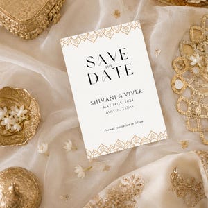 Modelo de convite de casamento indiano moderno "Reserve a Data" | Modelo editável no Canva | Bege e preto com borda