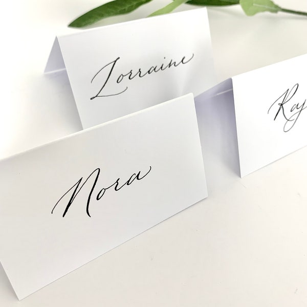 Handwritten Calligraphy Place Cards (First Names Only) | Minimalist Black & White Tented Place Cards | Small Weddings and Corporate Events