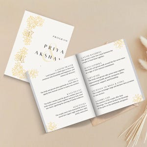 モダンな南アジアの結婚式プログラムテンプレート | 編集可能なCanvaテンプレート | 冊子スタイルの折りたたみ式インド式結婚式プログラム | イエロー/ゴールド＆ブラック