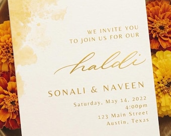 Yellow Haldi Invitation Template with Modern Calligraphy | Editable Canva Template | Modern Haldi Invitation