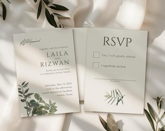 Elegant Nikkah Invitation Template with RSVP | Editable Canva Template | Printable Invitation for Muslim Weddings | Greenery