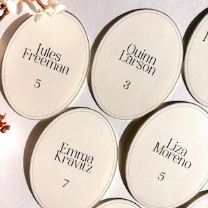 Puede incluir: Tarjetas de mesa ovaladas color crema con texto negro. Cada tarjeta presenta un nombre y un número. Las tarjetas tienen un borde fino y oscuro. Nombres: Jules Freeman, Quinn Larson, Emma Kravitz y Liza Moreno.