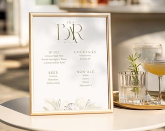 Modern Floral Wedding Bar Menu Template | Editable Canva Template | Bar Menu Sign for Weddings and Events | Olive Green & White