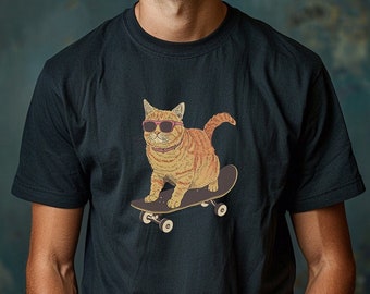 Camiseta Cat on Skateboard Camiseta de algodón pesado unisex de alta calidad
