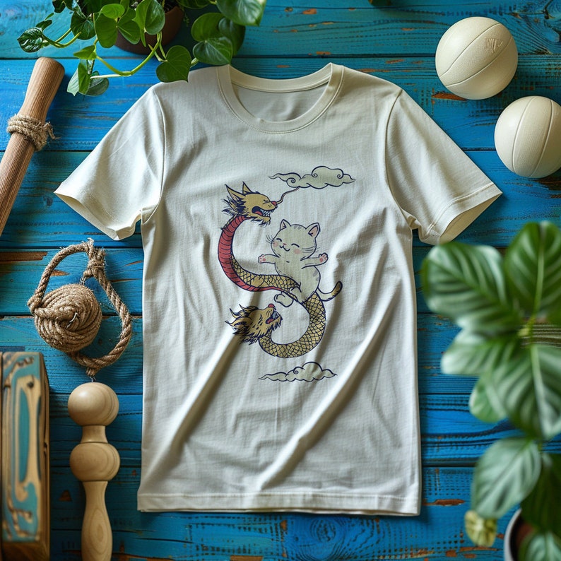 K&ouml;nnte beinhalten: Ein wei&szlig;es T-Shirt mit einem Aufdruck eines Comic-Katzen, das auf einem Drachen reitet. Der Drache ist rot und gr&uuml;n und die Katze ist wei&szlig; mit rosa Ohren und einer rosa Nase. Der Aufdruck ist auf wei&szlig;em Hintergrund.