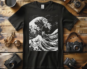 Die große Welle vor Kanagawa Shirt, Hokusai T-Shirt, Schwarz-Weiß-T-Shirt, Ästhetischem T-Shirt, Japanischem Hemd, Ästhetischer Kleidung