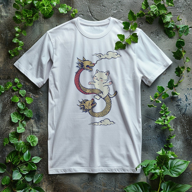 K&ouml;nnte beinhalten: Wei&szlig;es T-Shirt mit einem grafischen Aufdruck eines wei&szlig;en Katers, der auf einem roten und gelben Drachen reitet. Der Drache ist zu einem Kreis zusammengerollt und die Katze sitzt oben drauf. Die Grafik ist von Wolken umgeben.