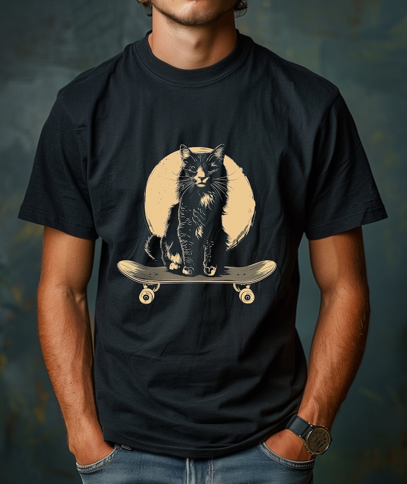 Skateboard Cat Shirt, Cool Cat Shirt,Vintage Style, Cat T Shirt, Crazy Skate Punk Kitten Tee, Cool Graphic T Shirt, Unisex Softstyle T-Shirt zdjęcie 1