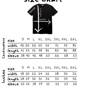 May include: Size chart for t-shirts in inches and centimeters. The chart shows measurements for width, length, and sleeve length for sizes S through 5XL.