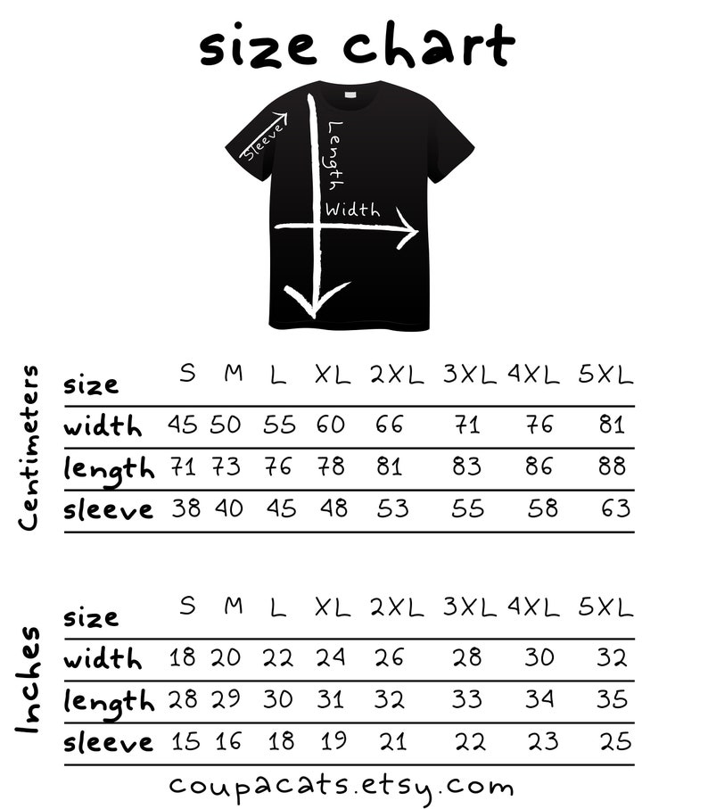 May include: Size chart for t-shirts in inches and centimeters. The chart shows measurements for width, length, and sleeve length for sizes S through 5XL.