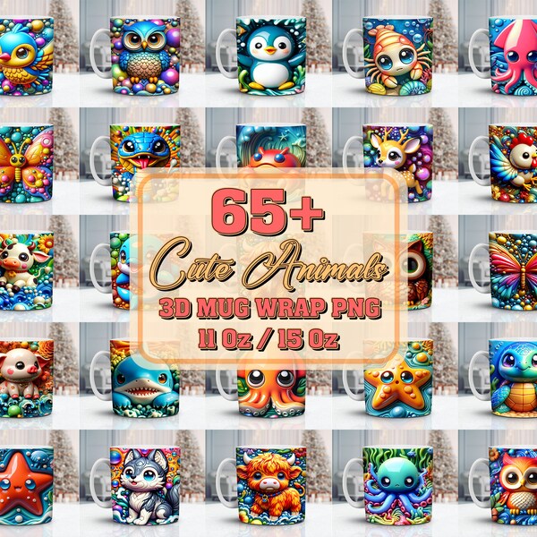 65+ Cute Animals 3D Mug Wrap Png Bundle, 11 Oz and 15 Oz Mug Template, Mug Sublimation Design, Mug Png Digital Instant Download