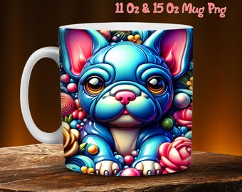 3D Cute French Bulldog Mug Wrap Png, 11 Oz and 15 Oz Mug Template, Mug Sublimation Design, Mug Png Digital Instant Download